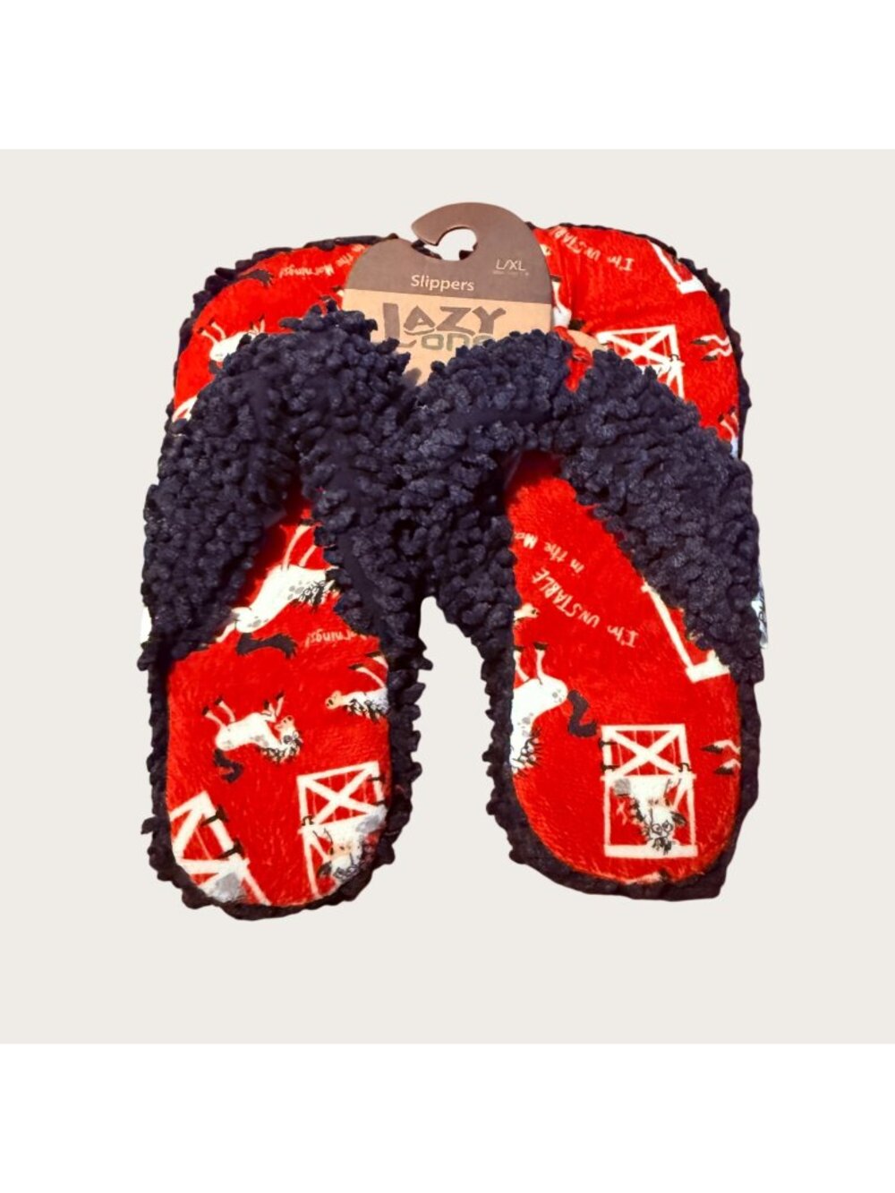 New Lazy One Horse Barn Red Black Flip Flop Spa Slippers L/XL Non-Slip Sole